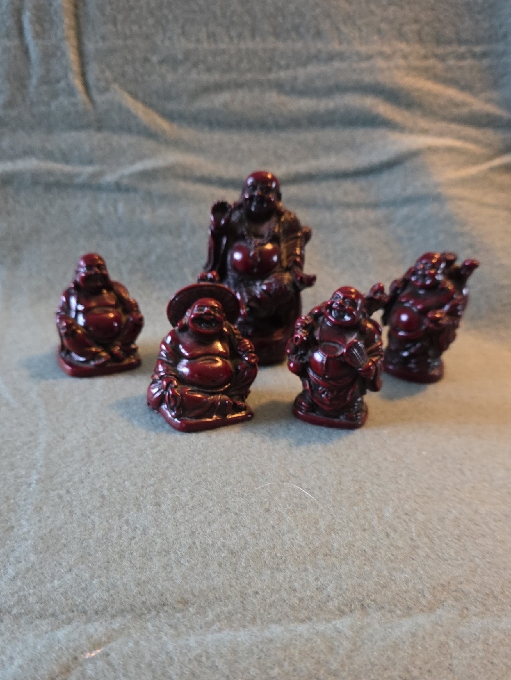 Set of 5 Red Resin Laughing Buddha Figurines